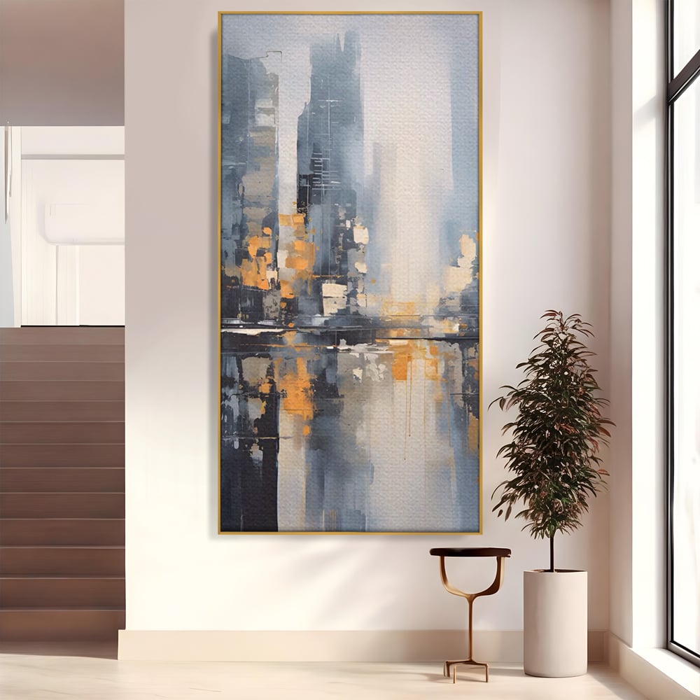 Tablou canvas cu pictura abstracta cu cladiri si reflexii, in rama de aluminiu auriu